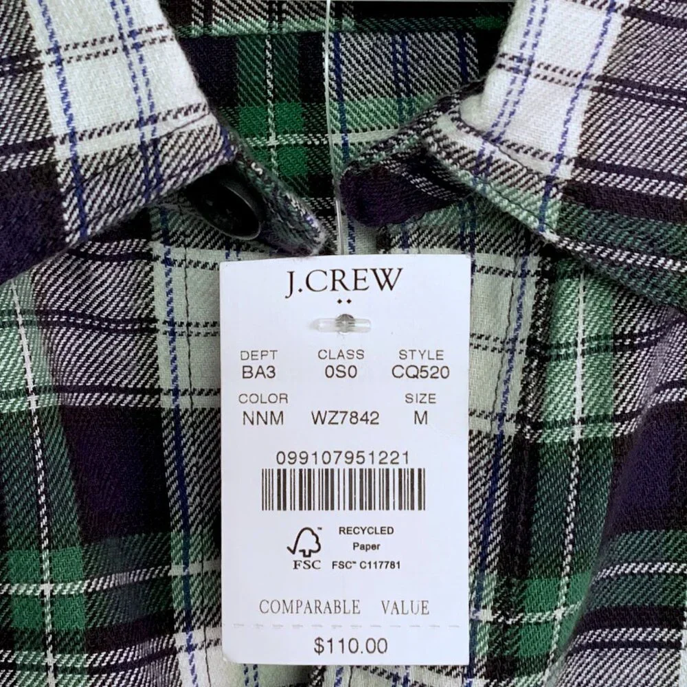J CREW Double-Pocket Twill Shirt Size MEDIUM Color Blue/White Plaid NWT's